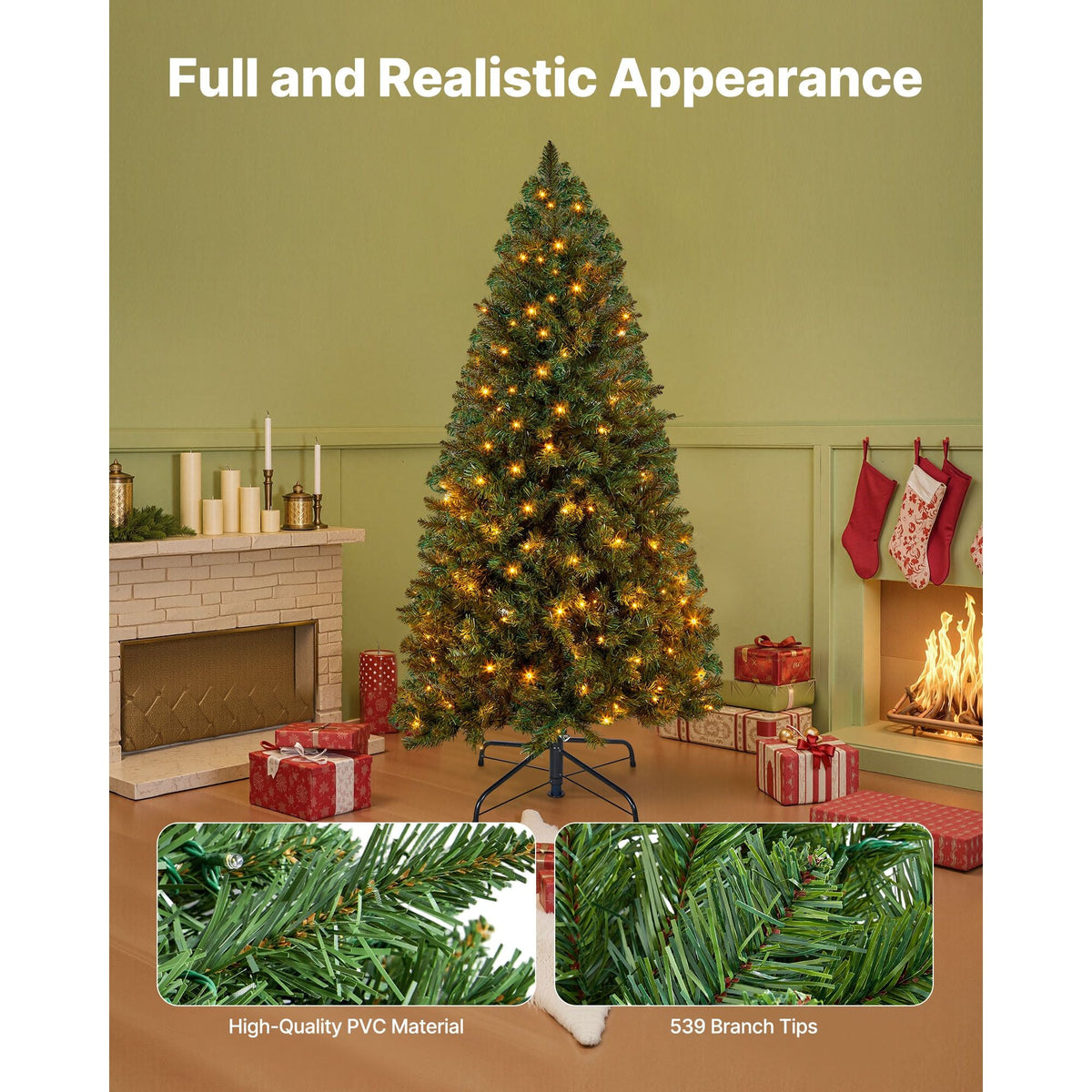 Christmas Tree, 4ft Prelit Artificial Xmas Tree, Full Holiday Decor Trees with 120 Warm White LED Lights, 8 Lighting Modes, 539 Branch Tips & Sturdy Metal Base for Home Party Office Decoration