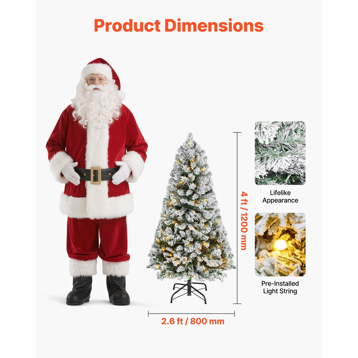 Christmas Tree, 4ft Prelit Flocked Artificial Tree, Full Holiday Xmas Deco Trees with 120 Warm White LED Lights, 8 Lighting Modes & 539 Branch Tips for Home Party Office Decoration