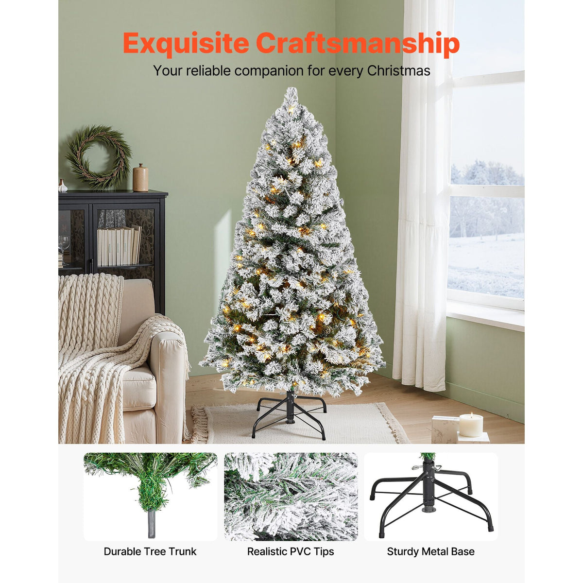 Christmas Tree, 4ft Prelit Flocked Artificial Tree, Full Holiday Xmas Deco Trees with 120 Warm White LED Lights, 8 Lighting Modes & 539 Branch Tips for Home Party Office Decoration