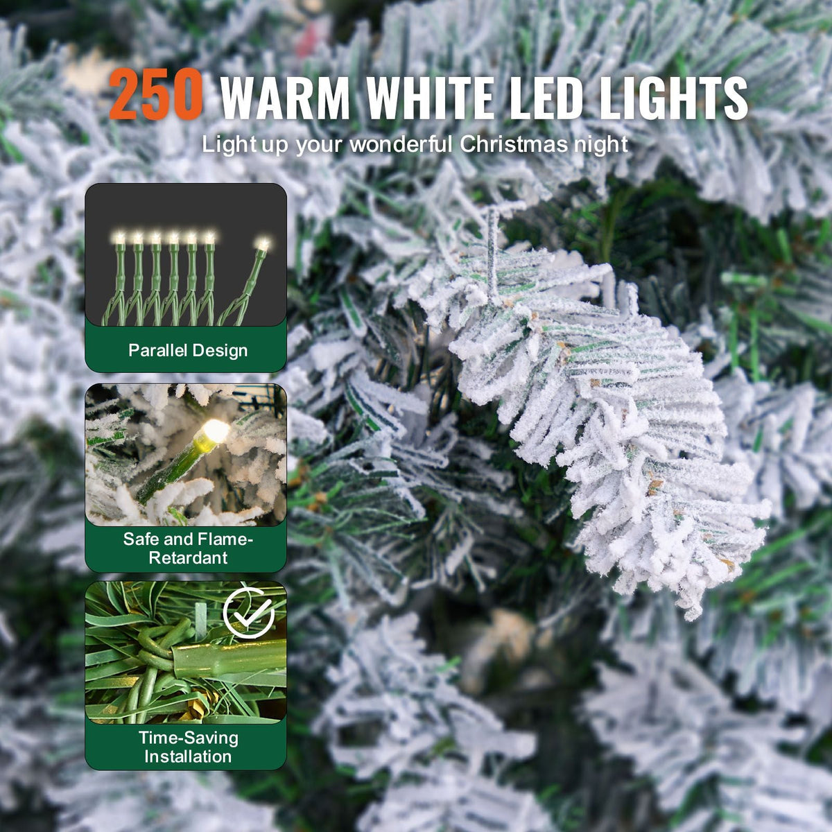 Christmas Tree, 6.5ft Prelit Flocked Artificial Tree, Full Holiday Xmas Tree with 250 White LED Lights, 814 Branch Tips, Metal Base for Home Party Office Decoration