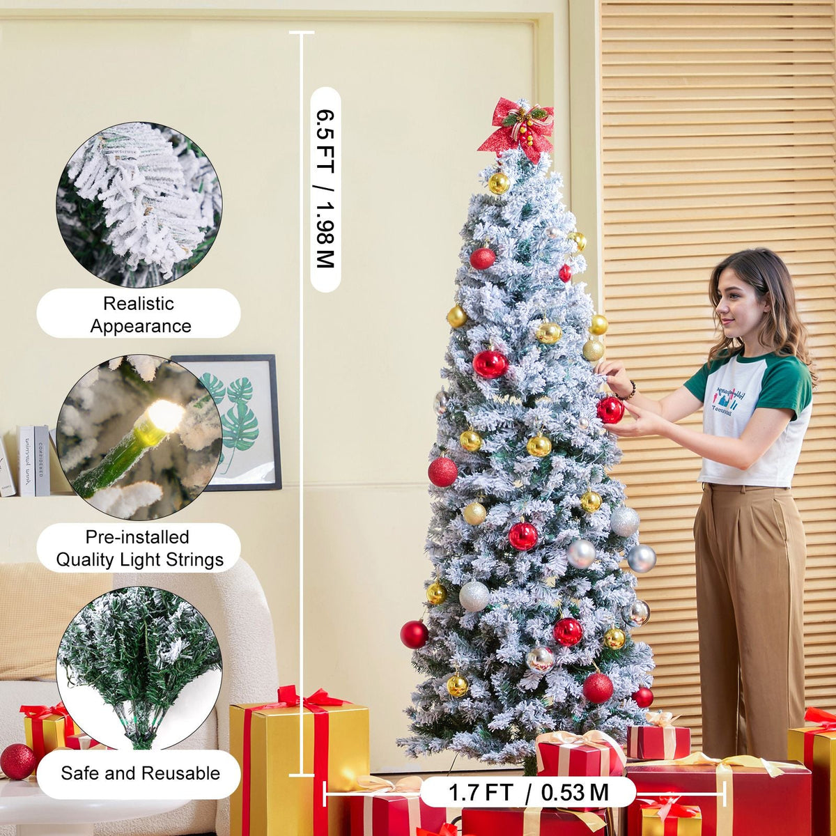 Christmas Tree, 6.5ft Prelit Flocked Artificial Tree, Full Holiday Xmas Tree with 250 White LED Lights, 814 Branch Tips, Metal Base for Home Party Office Decoration