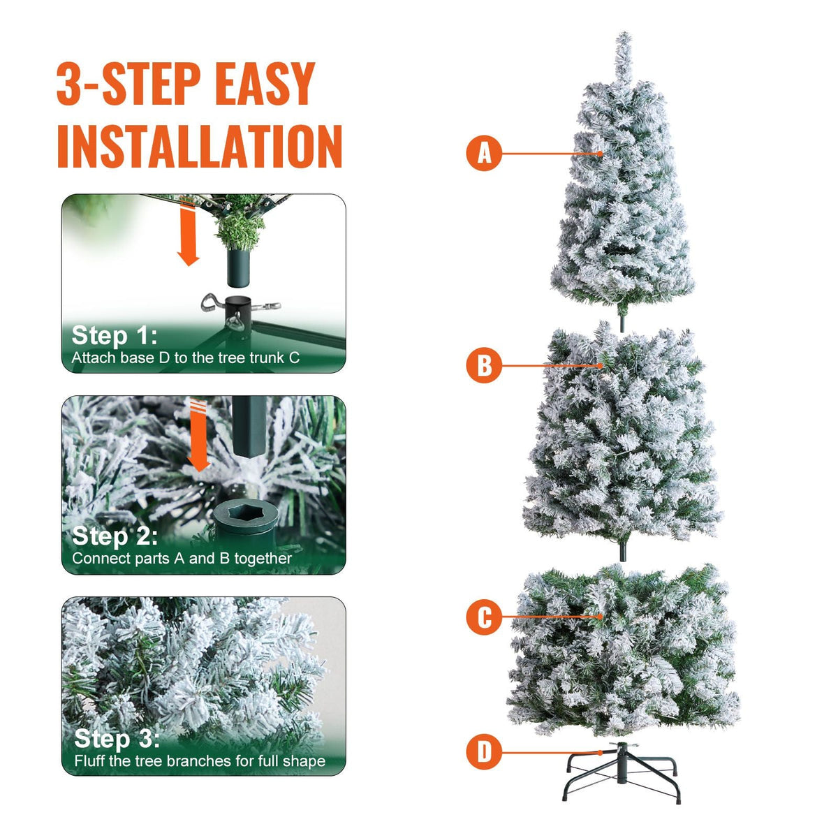 Christmas Tree, 6.5ft Prelit Flocked Artificial Tree, Full Holiday Xmas Tree with 250 White LED Lights, 814 Branch Tips, Metal Base for Home Party Office Decoration