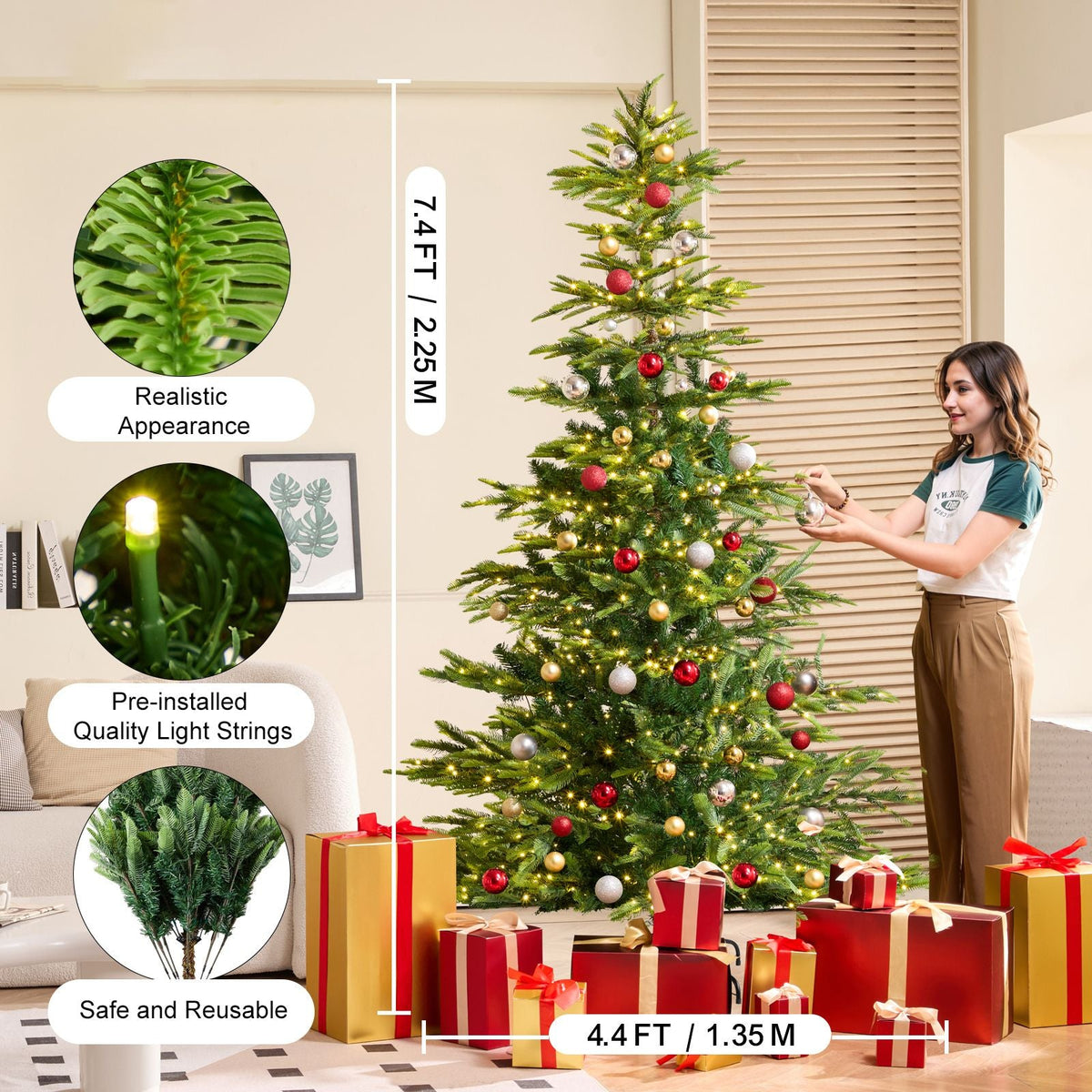 Christmas Tree, 7.5ft Prelit Artificial Xmas Tree, Full Holiday Decor Tree with 700 Warm White LED Lights, 1319 Branch Tips, Metal Base for Home Party Office Decoration