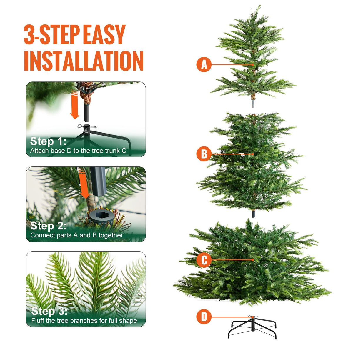 Christmas Tree, 7.5ft Prelit Artificial Xmas Tree, Full Holiday Decor Tree with 700 Warm White LED Lights, 1319 Branch Tips, Metal Base for Home Party Office Decoration