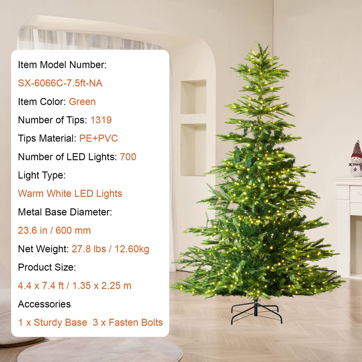 Christmas Tree, 7.5ft Prelit Artificial Xmas Tree, Full Holiday Decor Tree with 700 Warm White LED Lights, 1319 Branch Tips, Metal Base for Home Party Office Decoration