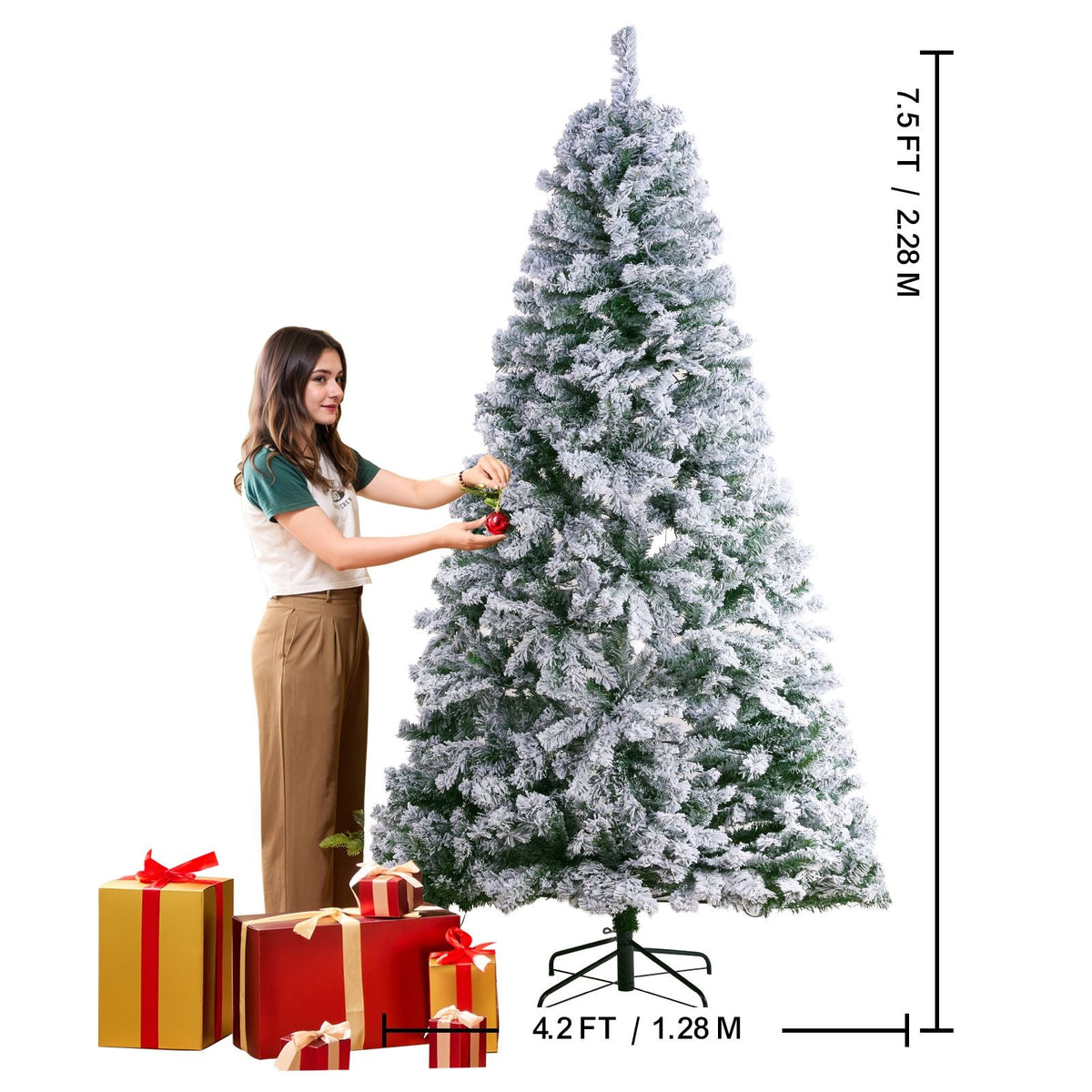 Christmas Tree, 7.5ft Prelit Flocked Artificial Tree, Full Holiday Xmas Tree with 550 White LED Lights, 1346 Branch Tips, Metal Base for Home Party Office Decoration