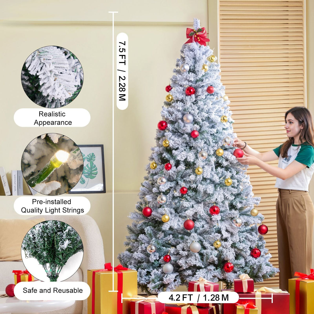 Christmas Tree, 7.5ft Prelit Flocked Artificial Tree, Full Holiday Xmas Tree with 550 White LED Lights, 1346 Branch Tips, Metal Base for Home Party Office Decoration