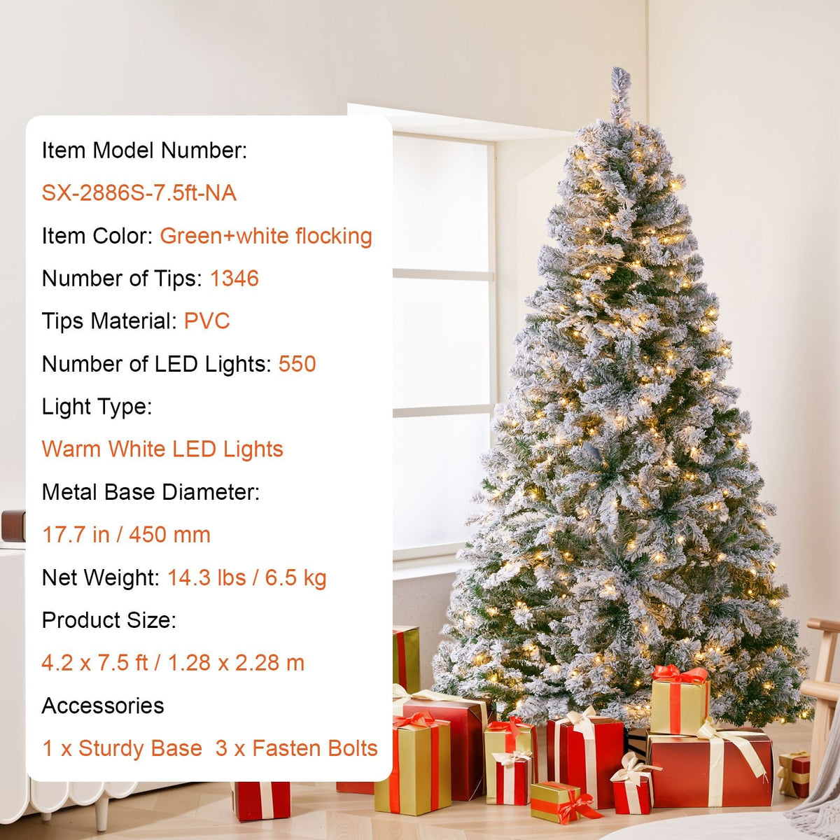 Christmas Tree, 7.5ft Prelit Flocked Artificial Tree, Full Holiday Xmas Tree with 550 White LED Lights, 1346 Branch Tips, Metal Base for Home Party Office Decoration
