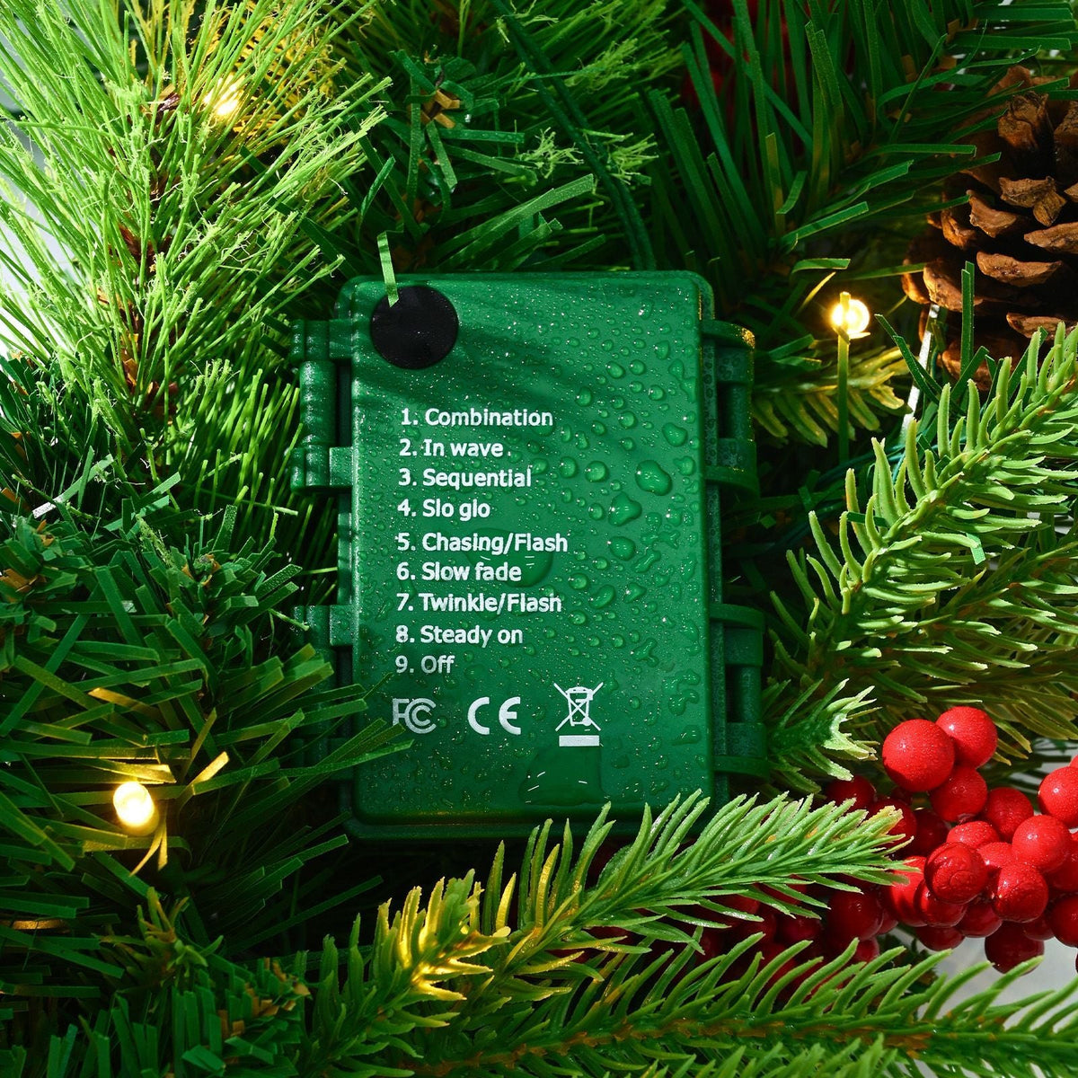 Christmas Wreath, 24 Inches Pre-Lit Artificial Christmas Wreath with 50 LED Lights and Timer, Decorated with Pine Cones, Red Berry Clusters, Holly Leaves, Suitable for Fireplace Door Window