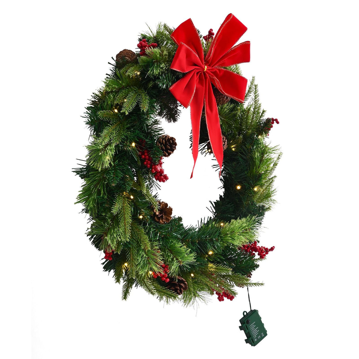 Christmas Wreath, 24 Inches Pre-Lit Artificial Christmas Wreath with 50 LED Lights and Timer, Decorated with Pine Cones, Red Berry Clusters, Holly Leaves, Suitable for Fireplace Door Window