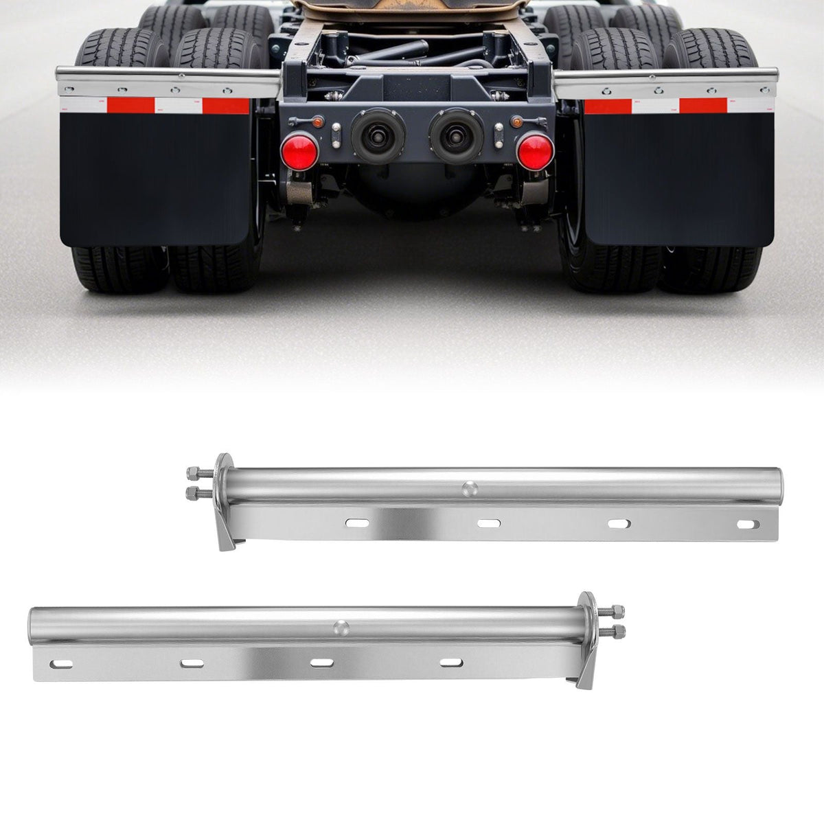 Chrome Straight Spring Loaded Mud Flap Hangers, 1-1/8" Bolt Spacing Mudflap Hangers for Semi Trucks, 1 Pair Heavy Duty Semi Truck Mud Flap Hanger Set with Reflective Strips, Silver