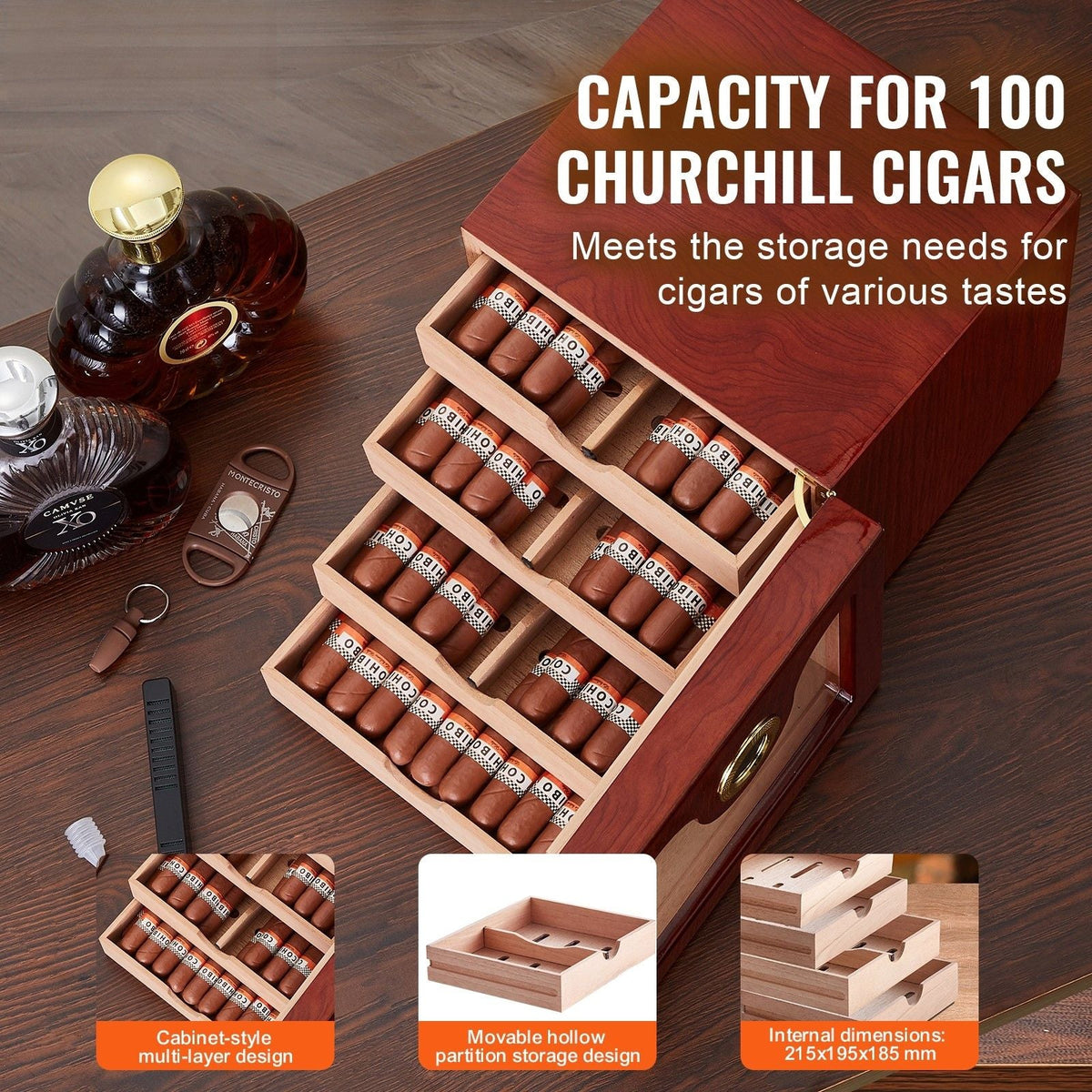 Cigar Humidor Cabinet, Handmade Spanish Cedar Wood Cigar Humidor for 50-100 Cigars, Glass Cigar Desktop Storage Case with Digital Humidifier, Hygrometer and Shelves, Great Gift for Men