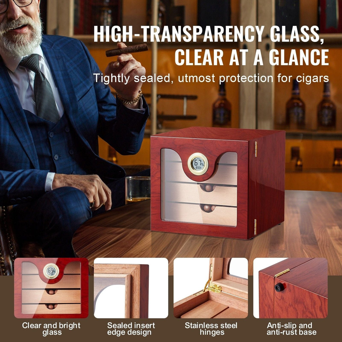 Cigar Humidor Cabinet, Handmade Spanish Cedar Wood Cigar Humidor for 50-100 Cigars, Glass Cigar Desktop Storage Case with Digital Humidifier, Hygrometer and Shelves, Great Gift for Men