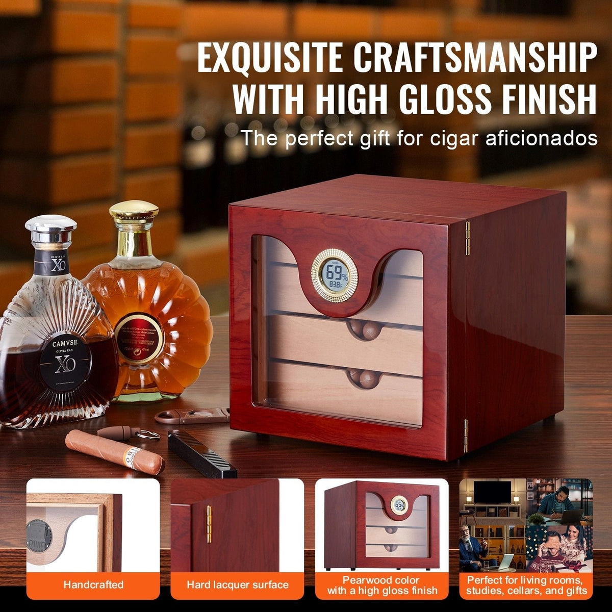 Cigar Humidor Cabinet, Handmade Spanish Cedar Wood Cigar Humidor for 50-100 Cigars, Glass Cigar Desktop Storage Case with Digital Humidifier, Hygrometer and Shelves, Great Gift for Men