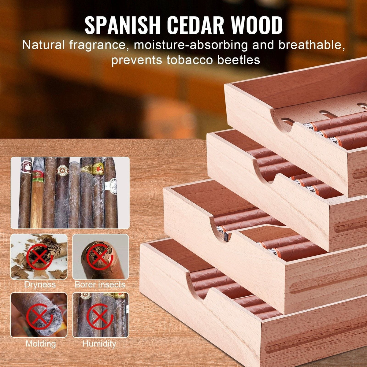 Cigar Humidor Cabinet, Handmade Spanish Cedar Wood Cigar Humidor for 50-100 Cigars, Glass Cigar Desktop Storage Case with Digital Humidifier, Hygrometer and Shelves, Great Gift for Men