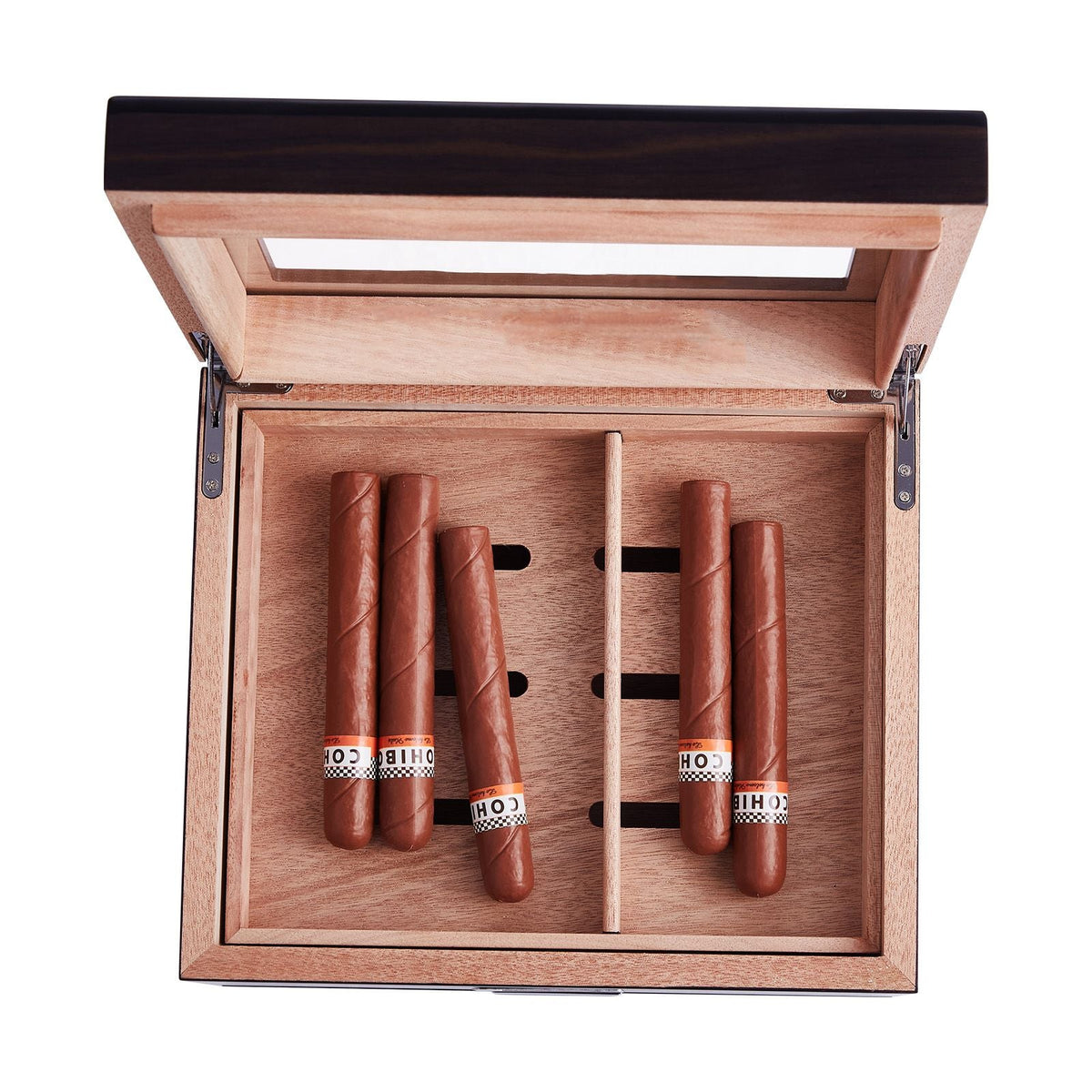 Cigar Humidor, Glass Top Cigar Humidor Box, Handmade Spanish Cedar Wood Cigar Desktop Box, Cigar Storage Case with Humidifier, Hygrometer, Divider and Accessory Drawer, 30-50 Cigars