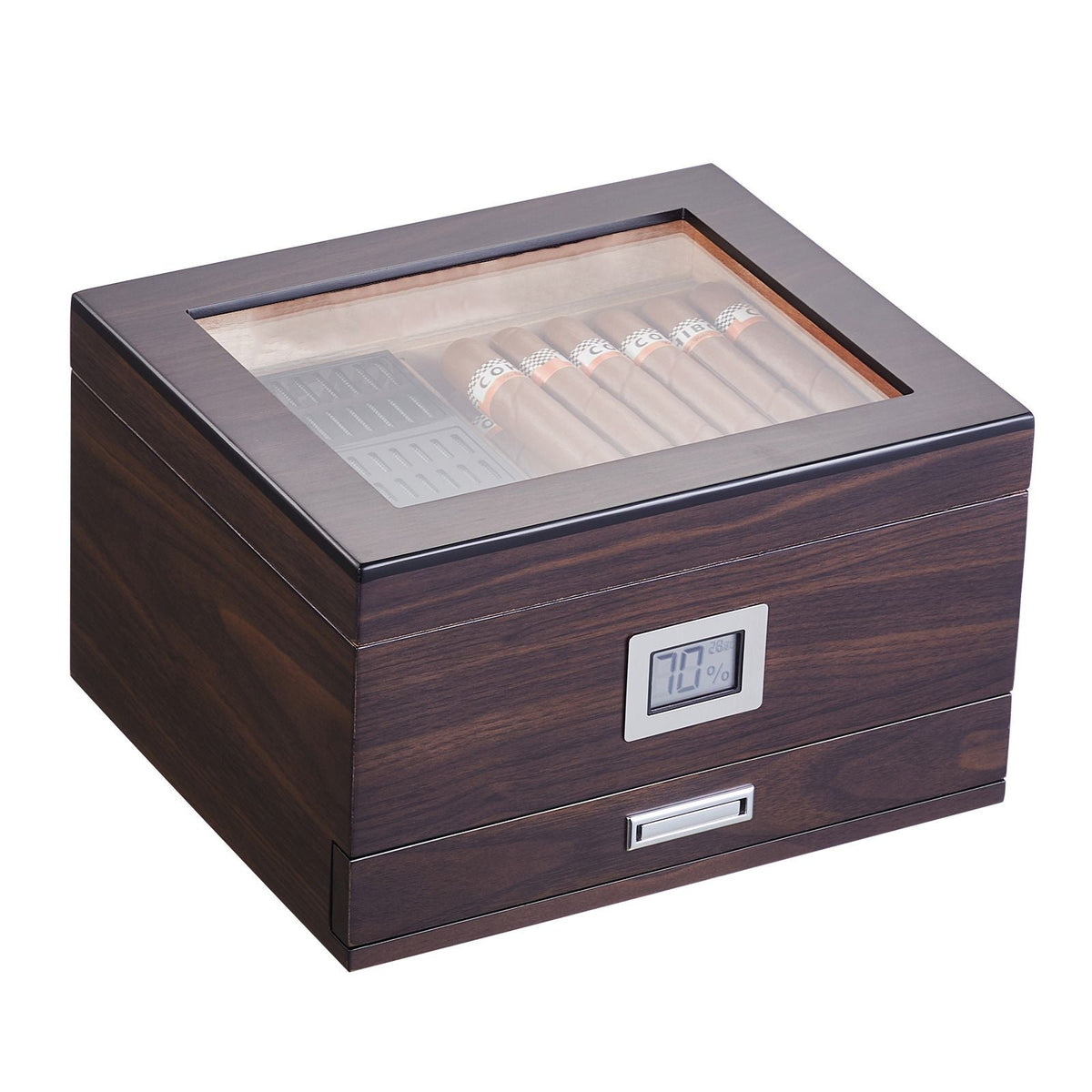 Cigar Humidor, Glass Top Cigar Humidor Box, Handmade Spanish Cedar Wood Cigar Desktop Box, Cigar Storage Case with Humidifier, Hygrometer, Divider and Accessory Drawer, 30-50 Cigars