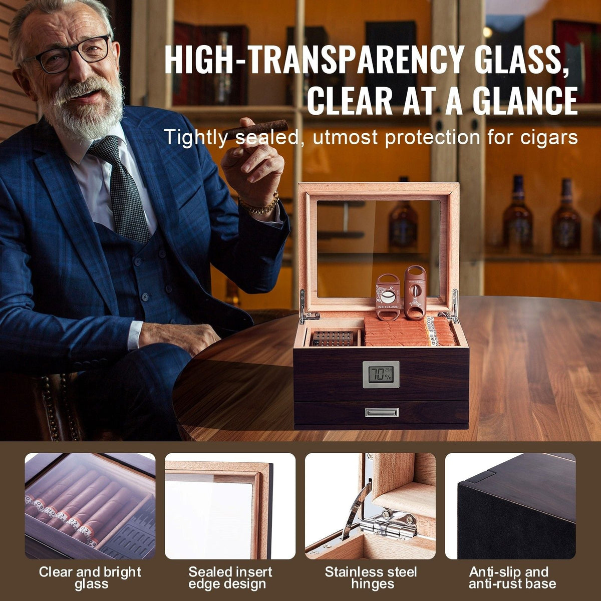 Cigar Humidor, Glass Top Cigar Humidor Box, Handmade Spanish Cedar Wood Cigar Desktop Box, Cigar Storage Case with Humidifier, Hygrometer, Divider and Accessory Drawer, 30-50 Cigars