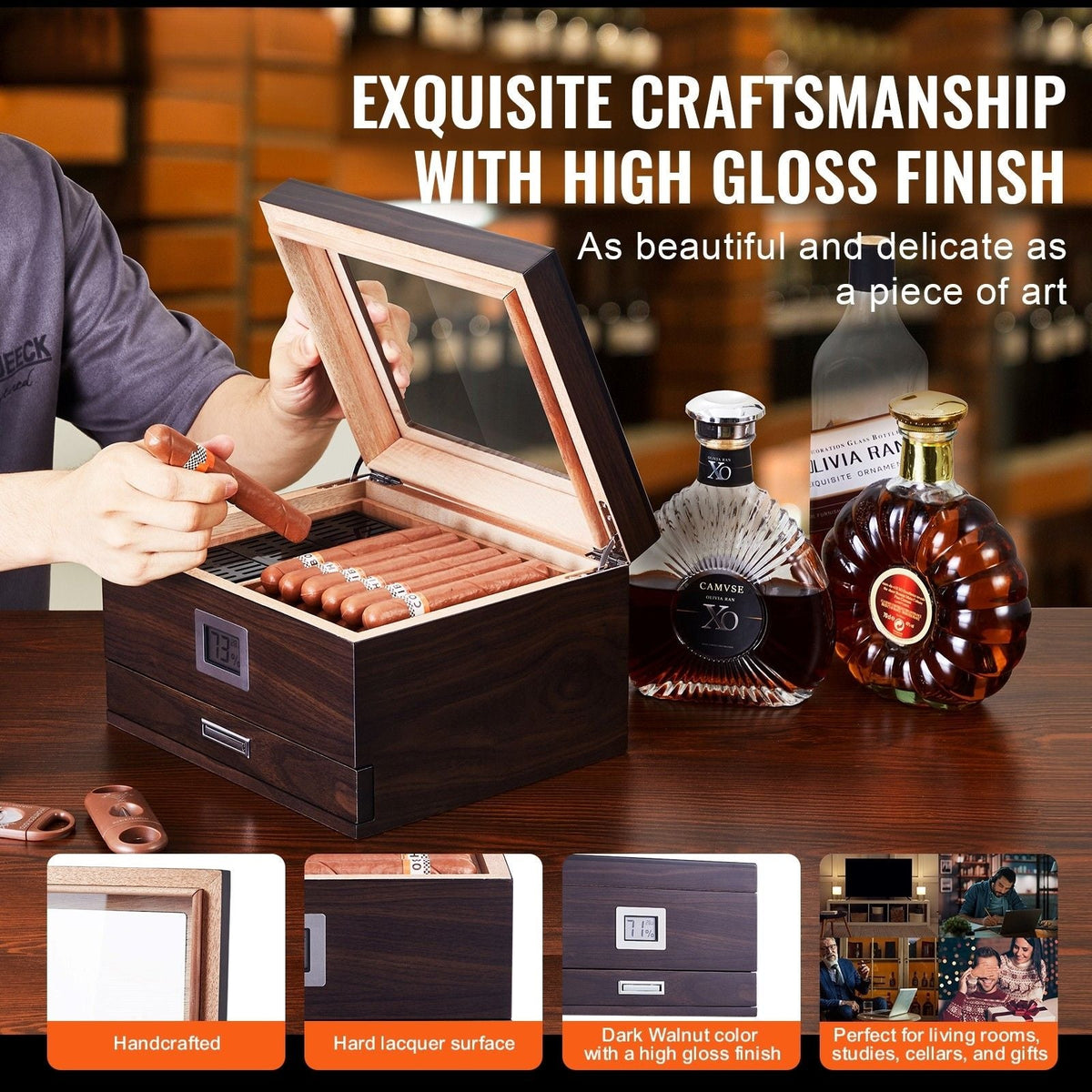 Cigar Humidor, Glass Top Cigar Humidor Box, Handmade Spanish Cedar Wood Cigar Desktop Box, Cigar Storage Case with Humidifier, Hygrometer, Divider and Accessory Drawer, 30-50 Cigars