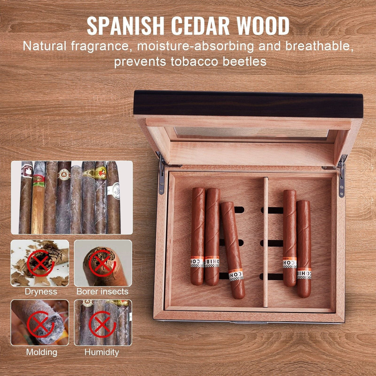 Cigar Humidor, Glass Top Cigar Humidor Box, Handmade Spanish Cedar Wood Cigar Desktop Box, Cigar Storage Case with Humidifier, Hygrometer, Divider and Accessory Drawer, 30-50 Cigars