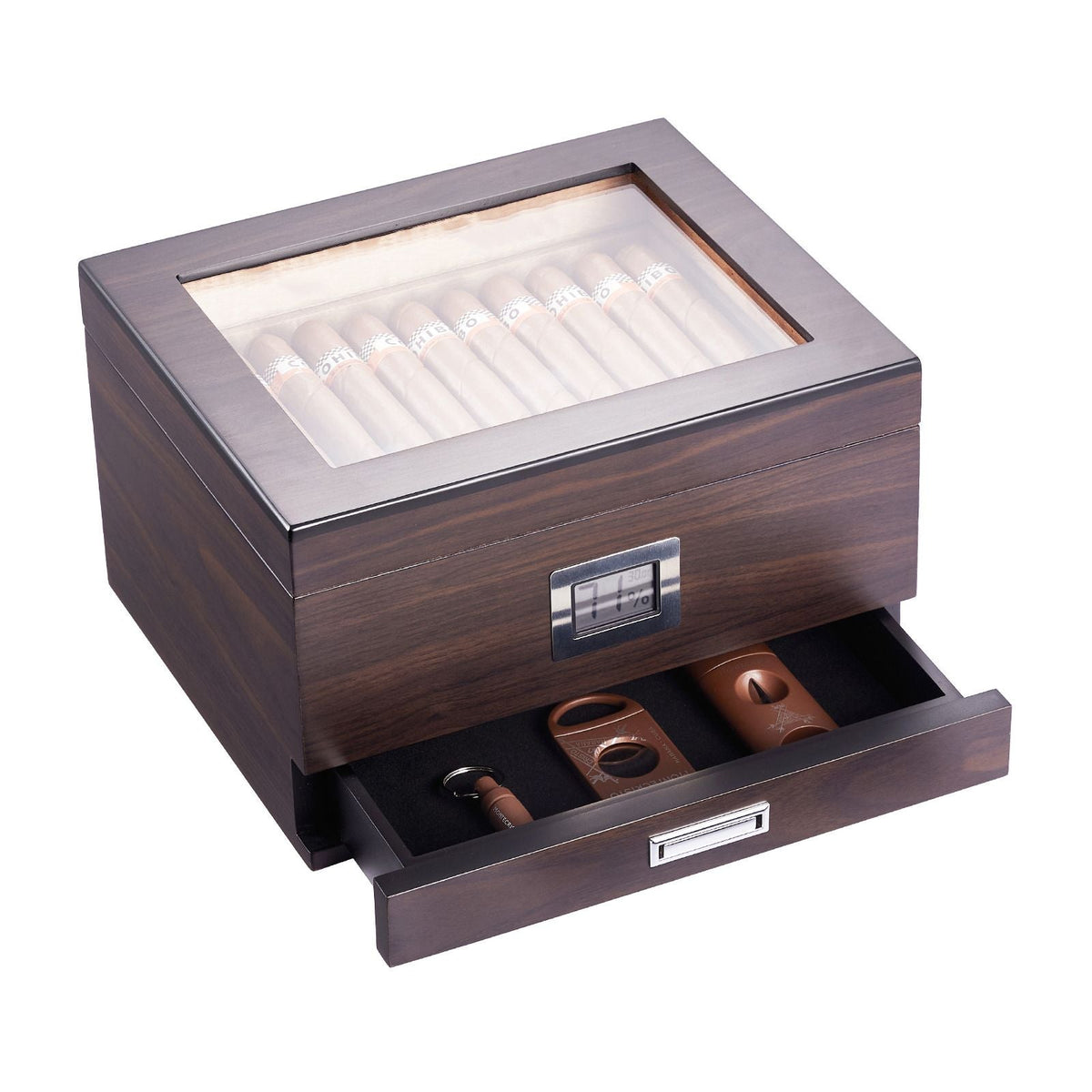 Cigar Humidor, Glass Top Cigar Humidor Box, Handmade Spanish Cedar Wood Cigar Desktop Box, Cigar Storage Case with Humidifier, Hygrometer, Divider and Accessory Drawer, 30-50 Cigars