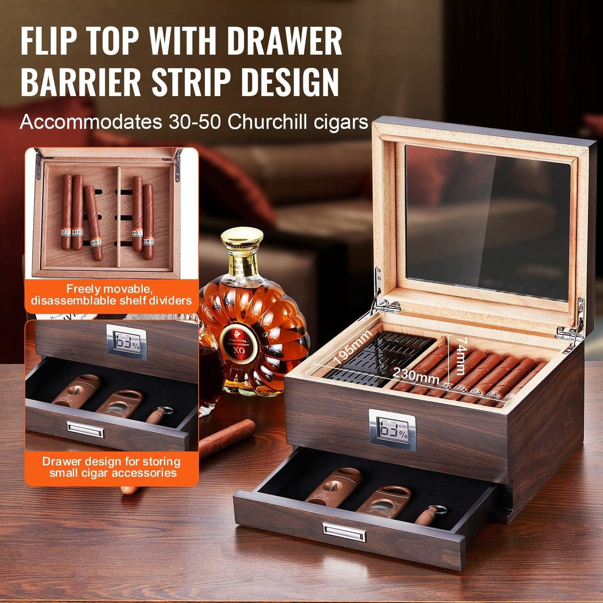 Cigar Humidor, Glass Top Cigar Humidor Box, Handmade Spanish Cedar Wood Cigar Desktop Box, Cigar Storage Case with Humidifier, Hygrometer, Divider and Accessory Drawer, 30-50 Cigars