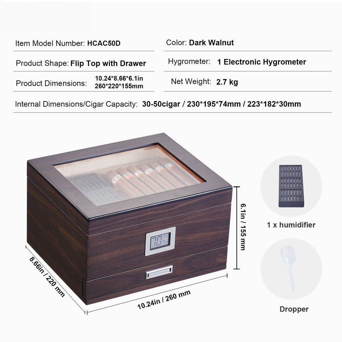 Cigar Humidor, Glass Top Cigar Humidor Box, Handmade Spanish Cedar Wood Cigar Desktop Box, Cigar Storage Case with Humidifier, Hygrometer, Divider and Accessory Drawer, 30-50 Cigars