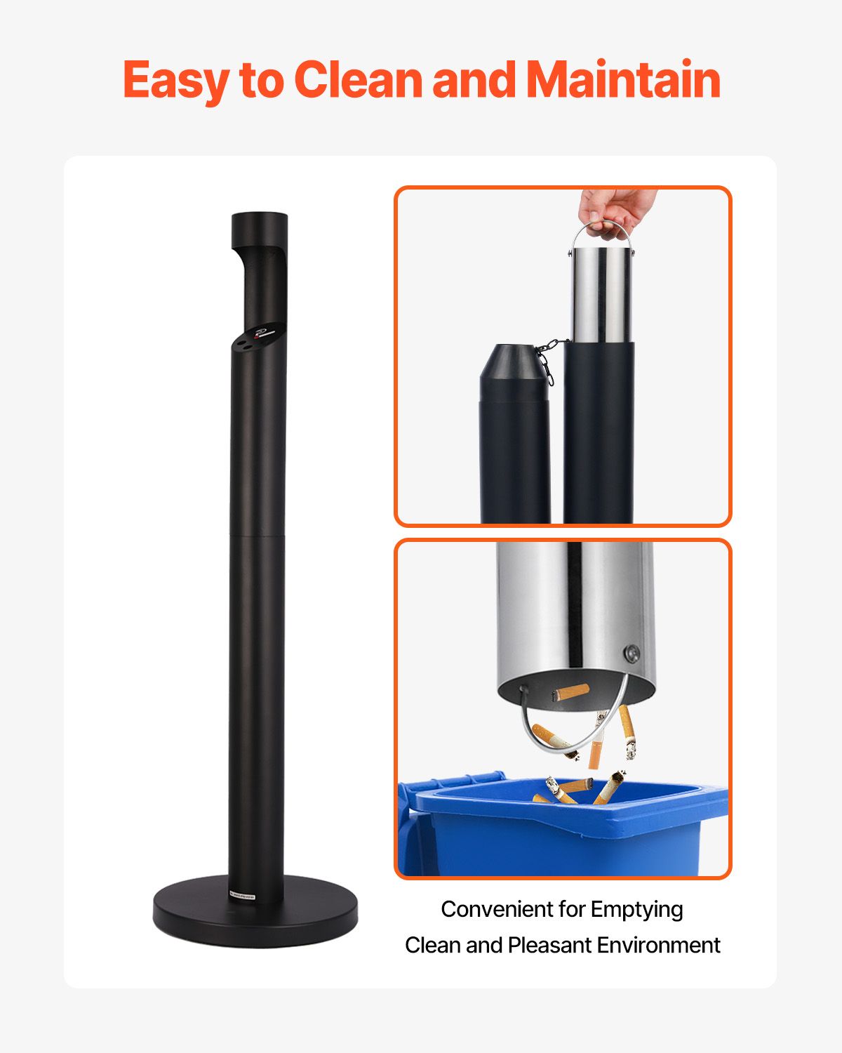 Cigarette Butt Receptacle, Commercial Cylinder Cigarette Butt Container, Freestanding and Weatherproof Outdoor Cigarette Butt Disposal for Garden, Office, Restaurant, Hotel, Bar, Patio, Black