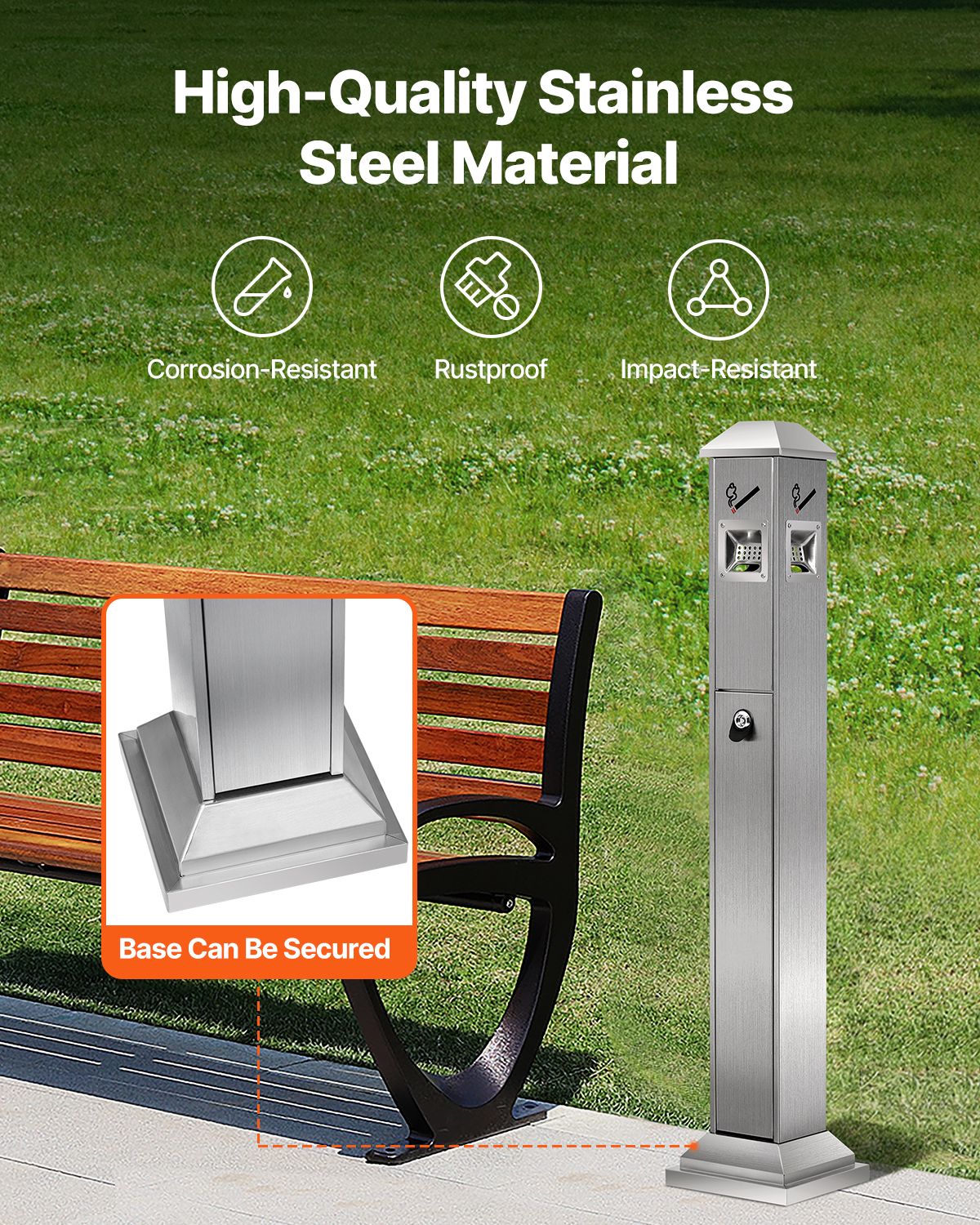 Cigarette Butt Receptacle, Square Cigarette Butt Container with 4 Disposal Openings & Top Cover, Stainless Steel Outdoor Cigarette Butt Disposal for Garden, Office, Restaurant, Hotel, Silver