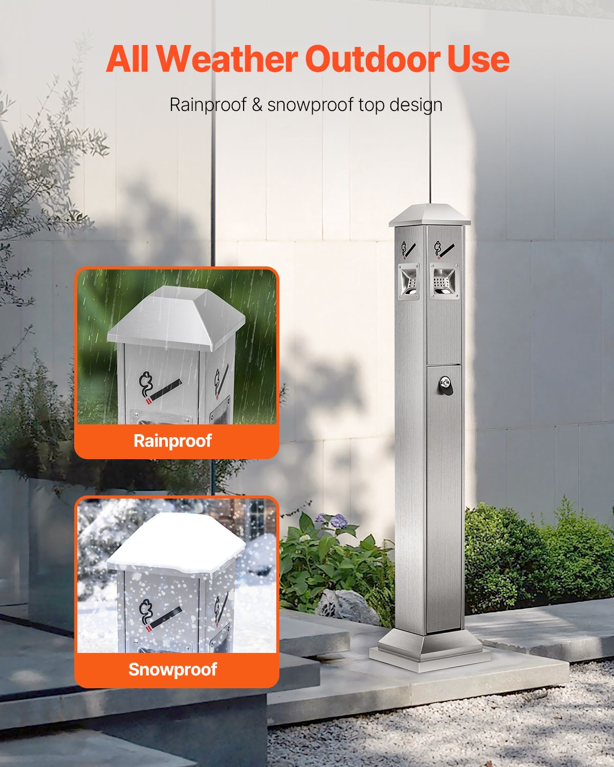 Cigarette Butt Receptacle, Square Cigarette Butt Container with 4 Disposal Openings & Top Cover, Stainless Steel Outdoor Cigarette Butt Disposal for Garden, Office, Restaurant, Hotel, Silver