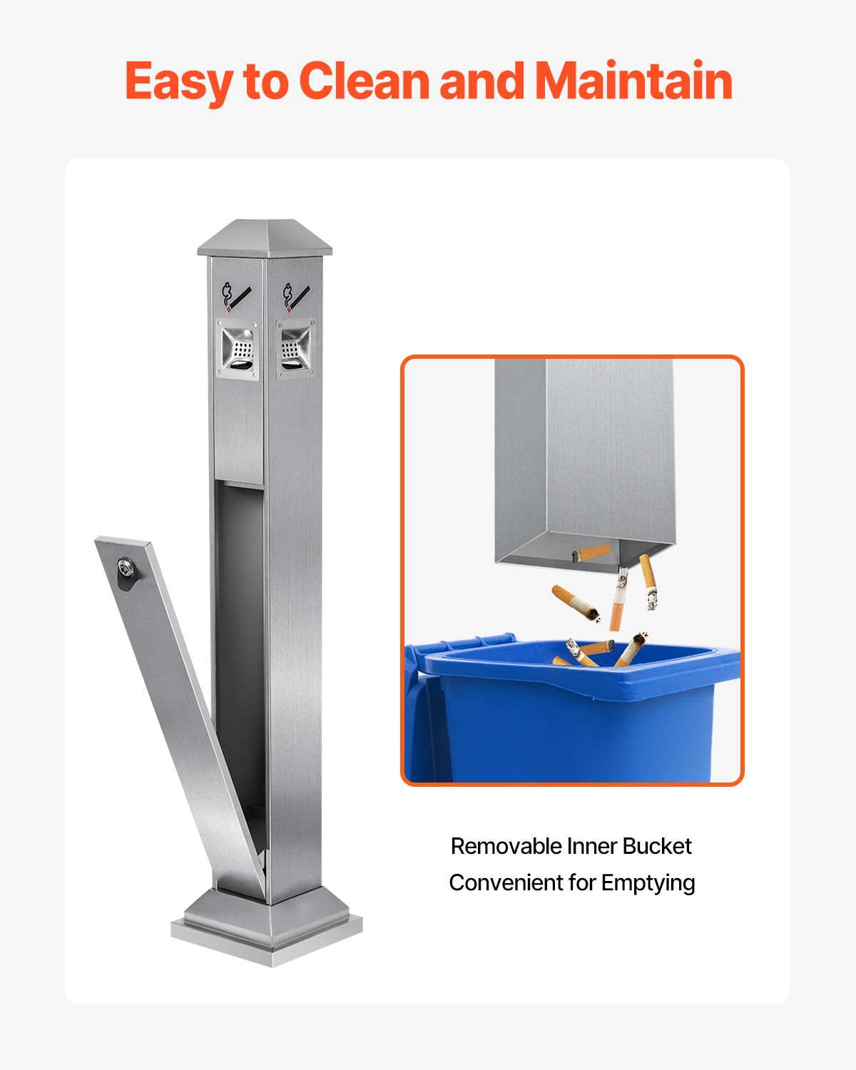 Cigarette Butt Receptacle, Square Cigarette Butt Container with 4 Disposal Openings & Top Cover, Stainless Steel Outdoor Cigarette Butt Disposal for Garden, Office, Restaurant, Hotel, Silver