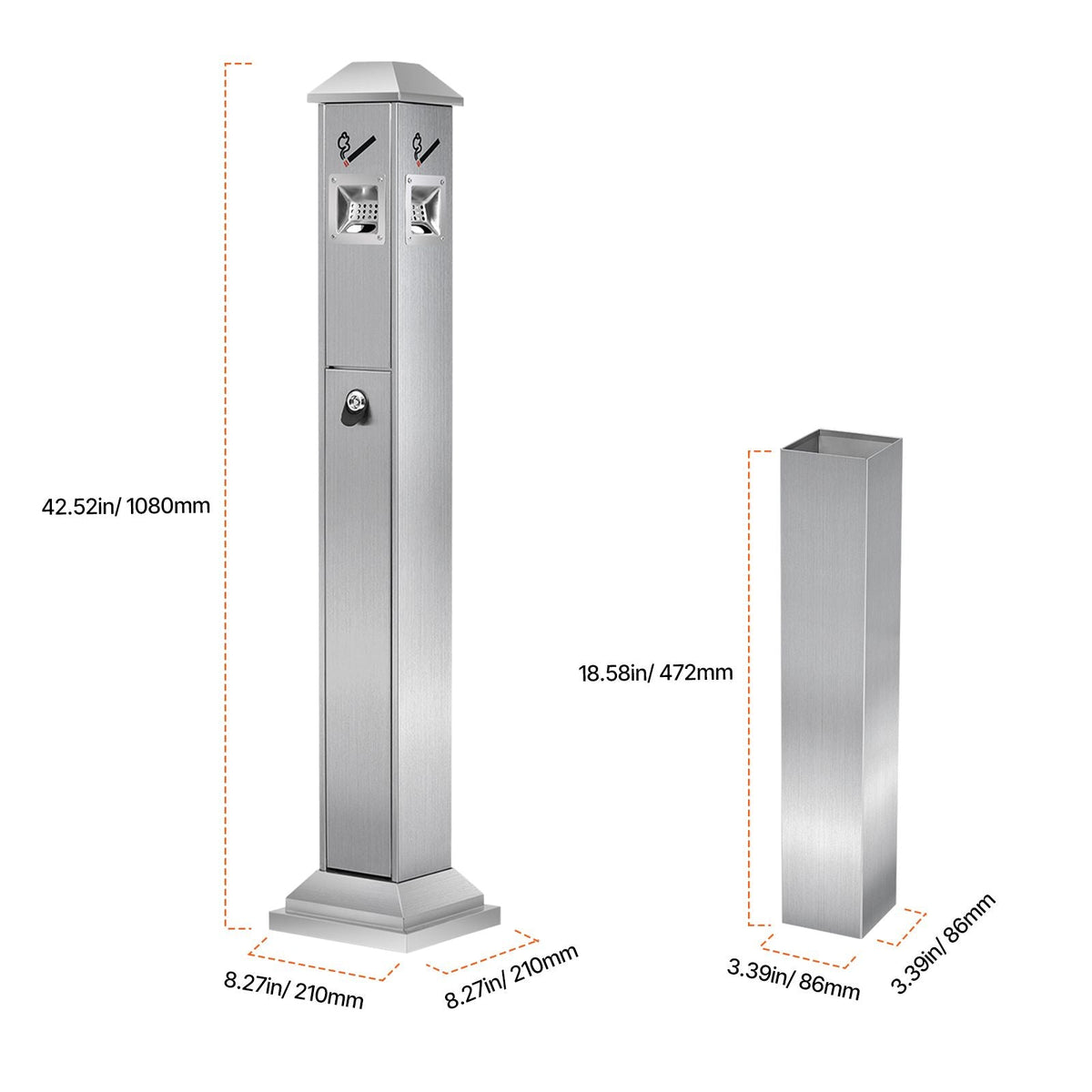 Cigarette Butt Receptacle, Square Cigarette Butt Container with 4 Disposal Openings & Top Cover, Stainless Steel Outdoor Cigarette Butt Disposal for Garden, Office, Restaurant, Hotel, Silver