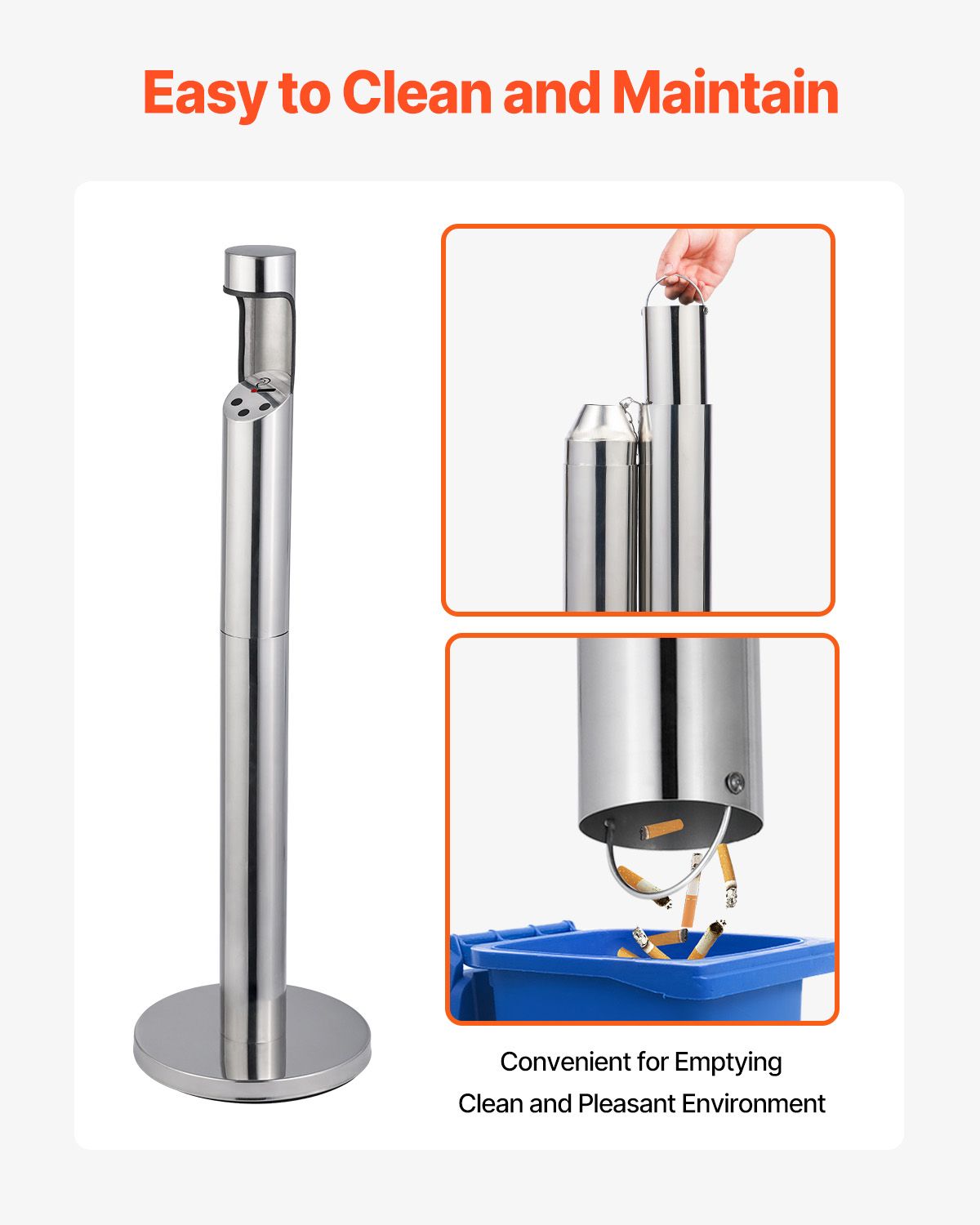Cigarette Butt Receptacle, Stainless Steel Cylinder Cigarette Butt Container, Freestanding and Weatherproof Outdoor Cigarette Butt Disposal for Garden, Office, Restaurant, Hotel, Bar, Silver