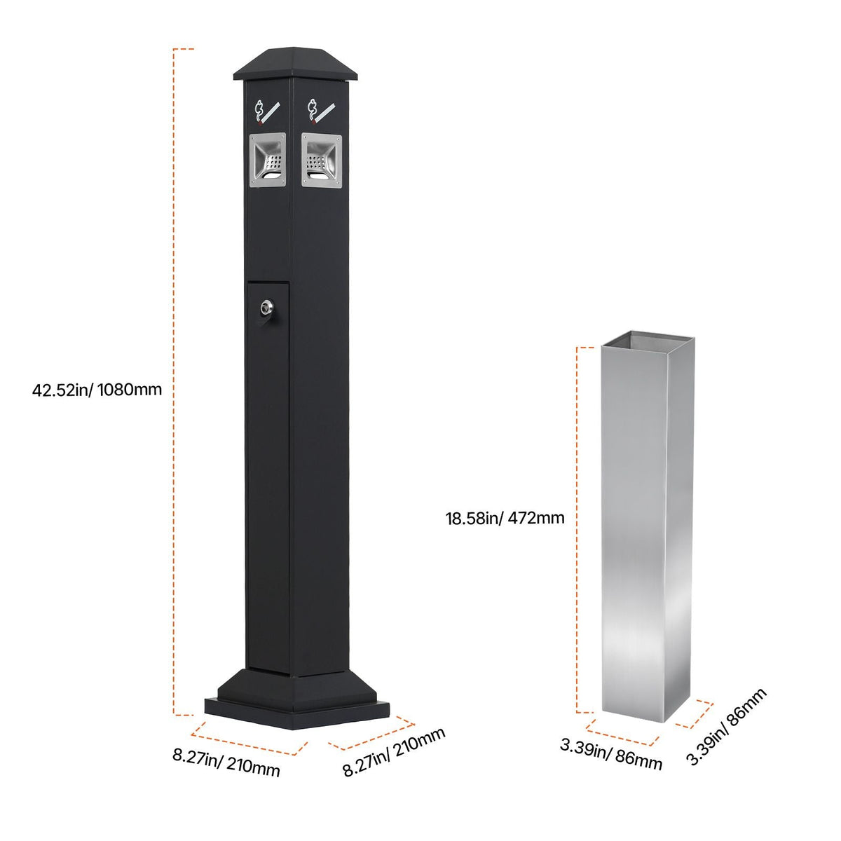 Cigarette Butt Receptacle, Weatherproof Cigarette Butt Container with 4 Disposal Openings & Top Cover, Freestanding Outdoor Cigarette Butt Disposal for Garden, Office, Restaurant, Hotel, Black