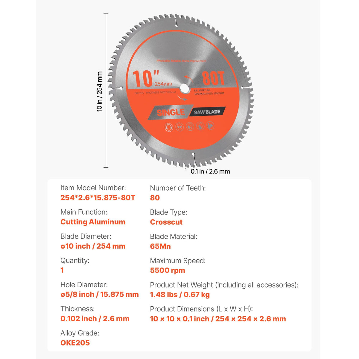 Circular Saw Blade, 10 inch Diameter, 80 Sharp Alloy Teeth, 5/8 inch Arbor, Fine Finish, Aluminum Cutting Blade for Circular Saw, with Noise-Reducing Heat Vents, for Cutting Steel and Metal