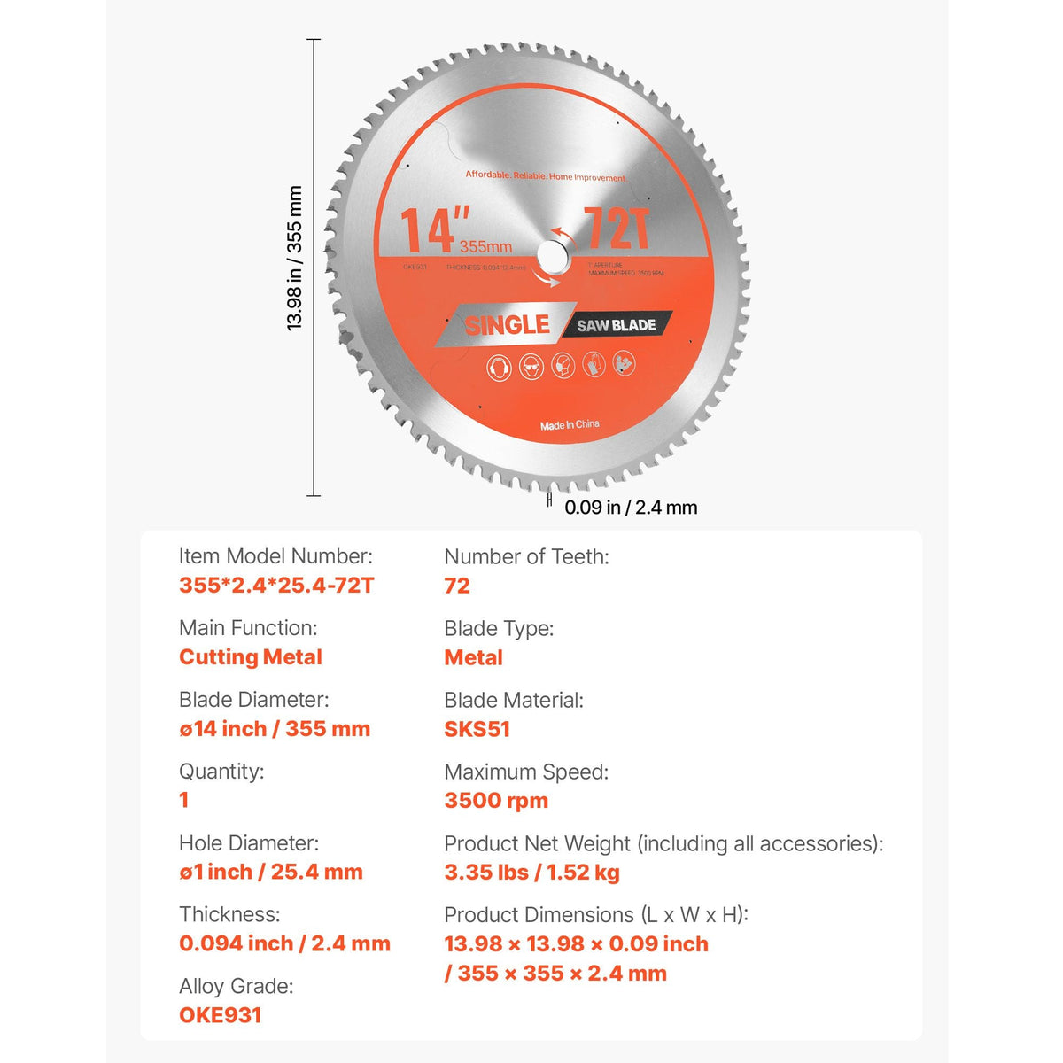 Circular Saw Blade, 14 inch Diameter, 72 Sharp Alloy Teeth, 1 inch Arbor, Fine Finish, Metal Cutting Blade for Circular Saw, with Noise-Reducing Heat Vents, for Cutting Steel and Aluminum
