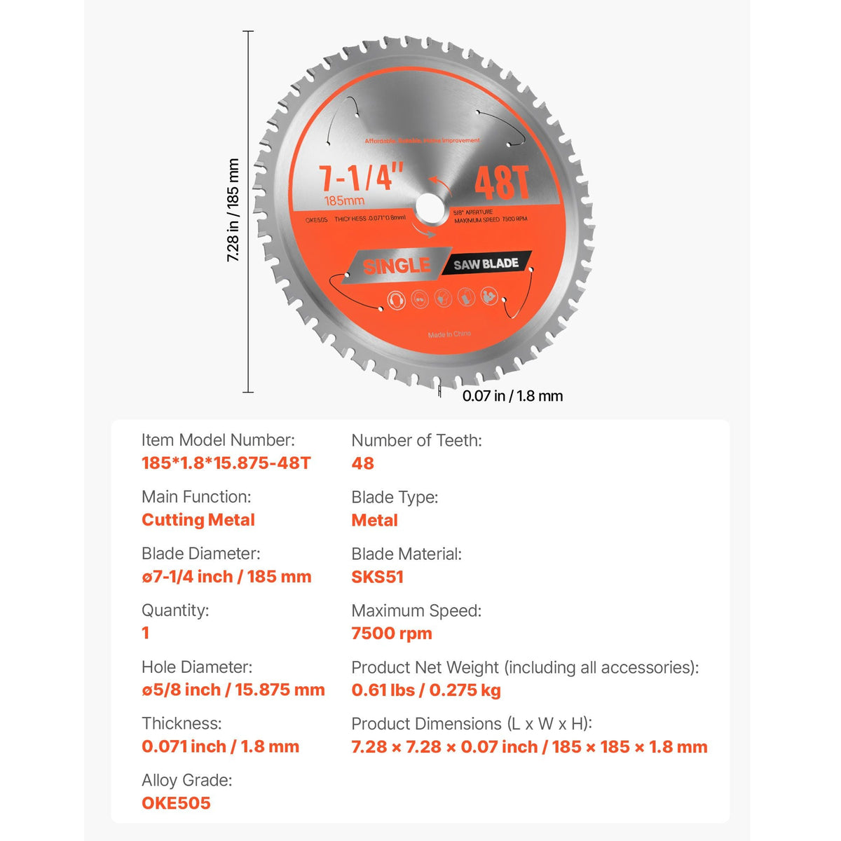 Circular Saw Blade, 7-1/4 inch Diameter, 48 Sharp Alloy Teeth, 5/8 inch Arbor, Fine Finish, Metal Cutting Blade for Circular Saw, with Noise-Reducing Heat Vents, for Cutting Steel and Aluminum