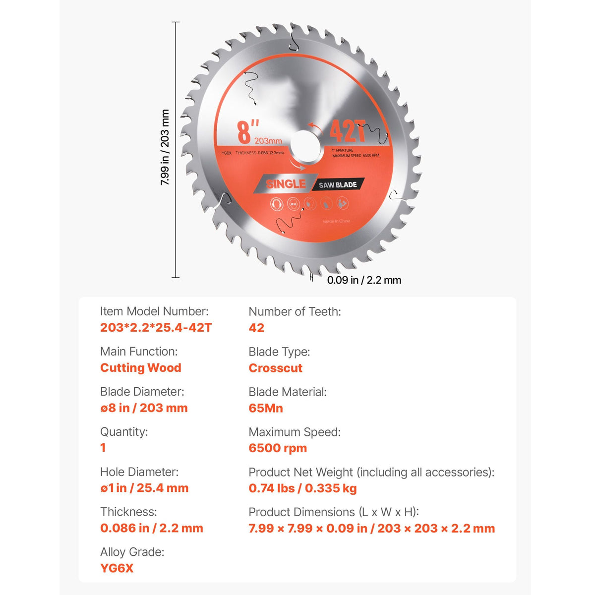 Circular Saw Blade, 8 inch Diameter, 42 Sharp Alloy Teeth, 1 inch Arbor, Fine Finish, Wood Cutting Blade for Circular Saw, with Noise-Reducing Heat Vents, for Cutting Plywood, OSB, and Hardwood