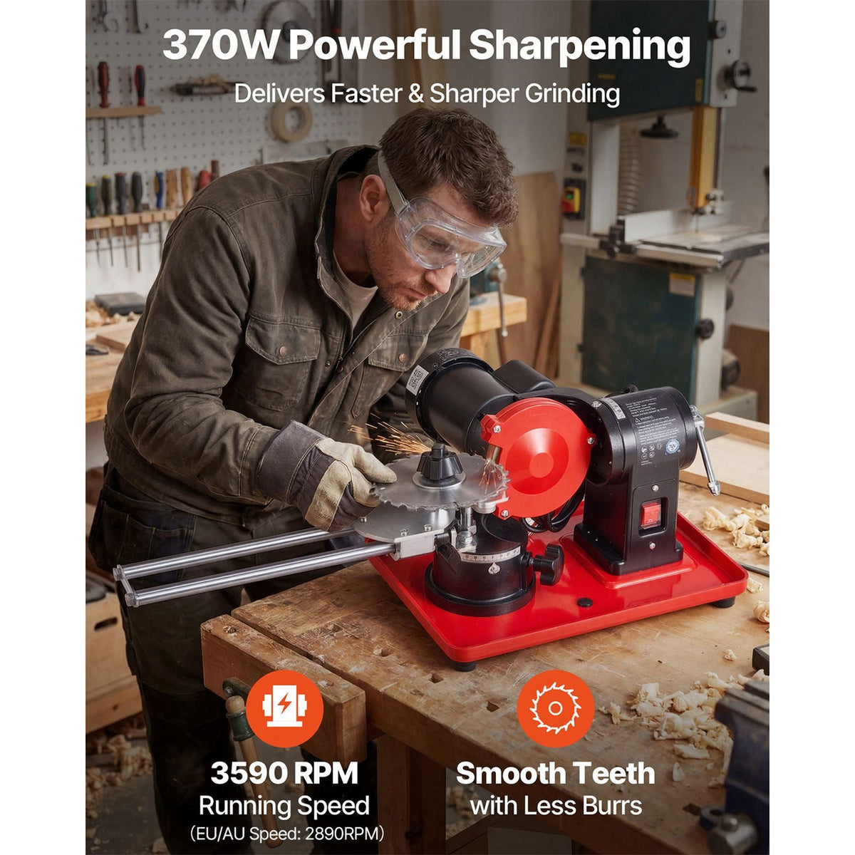 Circular Saw Blade Sharpener, 370W 3590RPM Rotary Angle Mill Grinder Sharpening Machine with 5" Grinding Wheel & 6 Saw Centerings - Fits Φ3.2" to Φ27.5" Circular Saw Blades