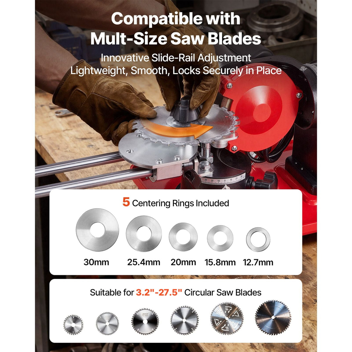 Circular Saw Blade Sharpener, 370W 3590RPM Rotary Angle Mill Grinder Sharpening Machine with 5" Grinding Wheel & 6 Saw Centerings - Fits Φ3.2" to Φ27.5" Circular Saw Blades