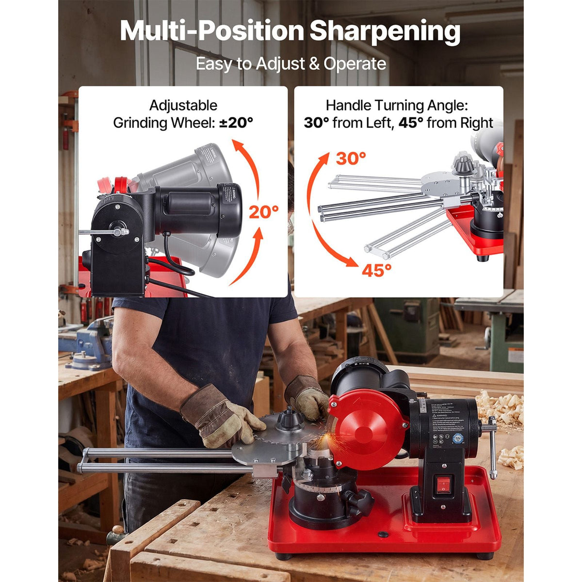 Circular Saw Blade Sharpener, 370W 3590RPM Rotary Angle Mill Grinder Sharpening Machine with 5" Grinding Wheel & 6 Saw Centerings - Fits Φ3.2" to Φ27.5" Circular Saw Blades