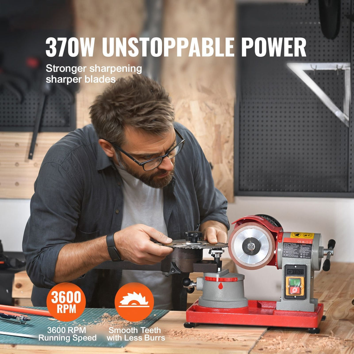 Circular Saw Blade Sharpener, 370W 3600RPM Rotary Angle Mill Grinder, Saw Blade Grinding Sharpening Machine with 6 Saw Centerings, 5-inch Grinding Wheel for Carbide Tipped Saw Blades