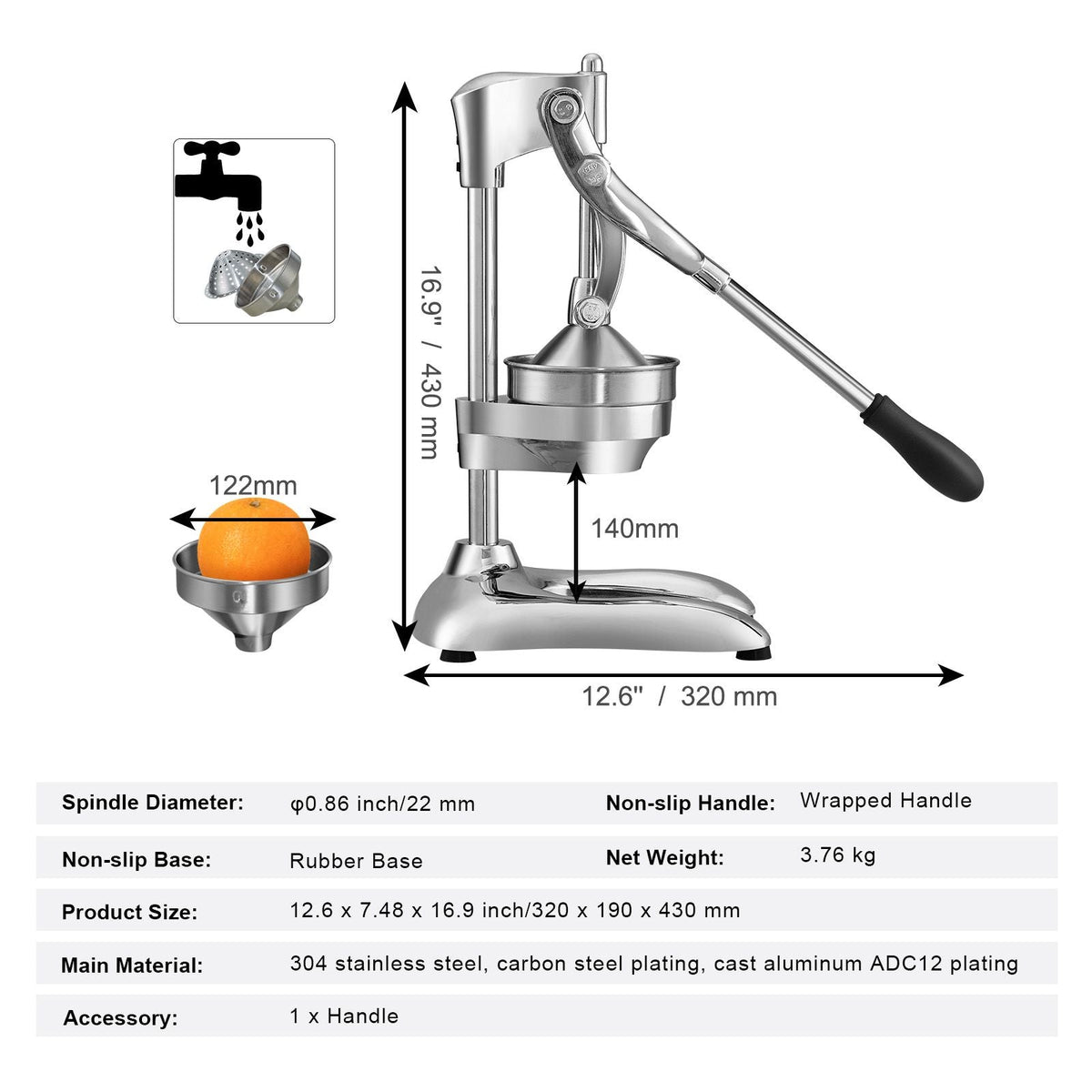 Citrus Juice Press, Hand Press Orange Juicer Press, Commercial Grade Manual Citrus Juicer Lemon Squeezer, Easy-to-Clean Fruit Press Juicer for Lemon Pomegranate Orange Juice