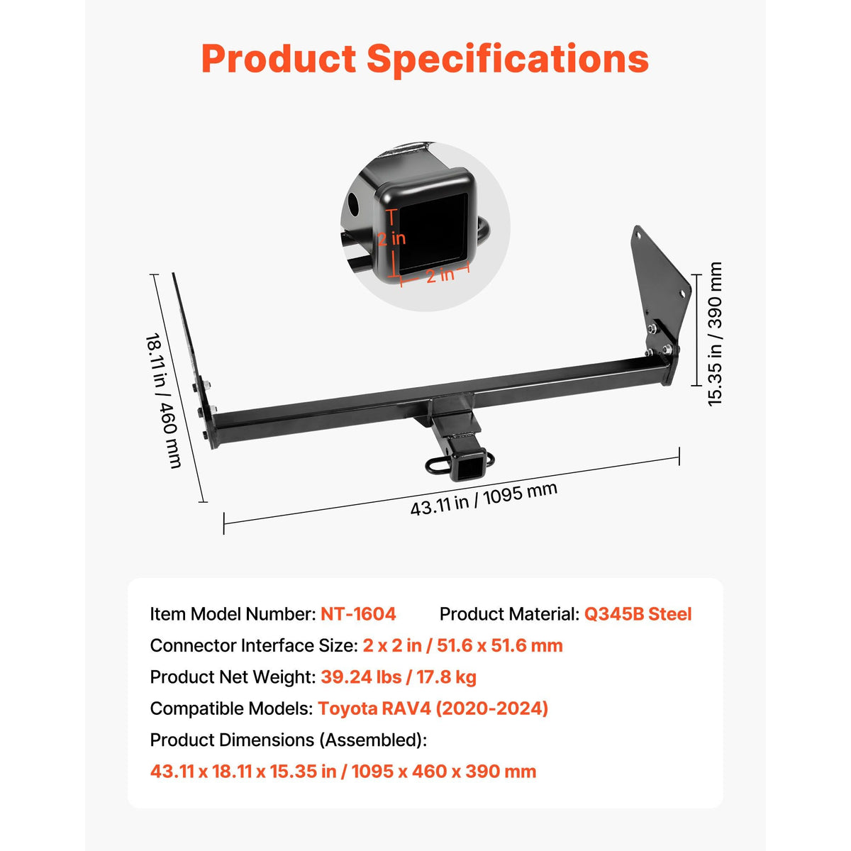 Class 3 Trailer Hitch, 2-Inch Receiver, 6000 lbs, Q345B Steel Tube Frame, Compatible with 2020-2024 Toyota RAV4, Multi-Fit Hitch to Receive Ball Mount, Cargo Carrier, Bike Rack, Tow Hook, Black