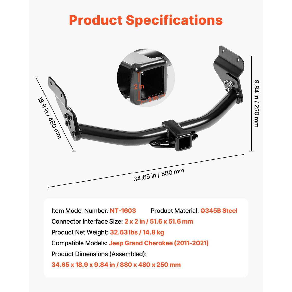 Class 3 Trailer Hitch, 2-Inch Receiver, Compatible with 2011-2021 Jeep Grand Cherokee, Q345B Steel Tube Frame, Multi-Fit Hitch to Receive Ball Mount, Cargo Carrier, Bike Rack, Tow Hook, Black