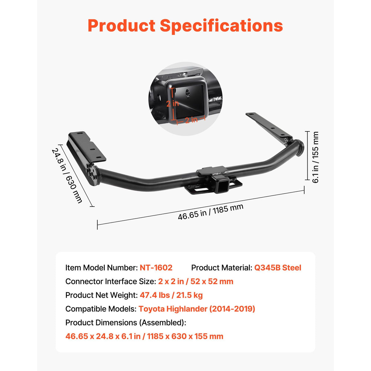 Class 3 Trailer Hitch, 2-Inch Receiver, Compatible with 2014-2019 Toyota Highlander, Q345B Steel Tube Frame, Multi-Fit Hitch to Receive Ball Mount, Cargo Carrier, Bike Rack, and Tow Hook, Black