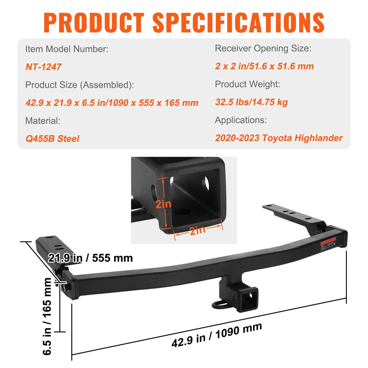 Class 3 Trailer Hitch, 2-Inch Receiver, Q455B Steel Tube Frame, Compatible with 2020-2023 Toyota Highlander, Multi-Fit Hitch to Receive Ball Mount, Cargo Carrier, Bike Rack, and Tow Hook, Black