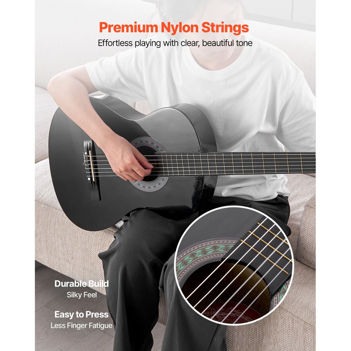 Classical Guitar, 30 Inch, Wood Classical Guitar Starter Kit for Beginners, with Nylon Strings, Gig Bag, Strap, Tuner, Extra Strings, Picks, Capo, Basswood, for Kids Girls Boys Students, Black