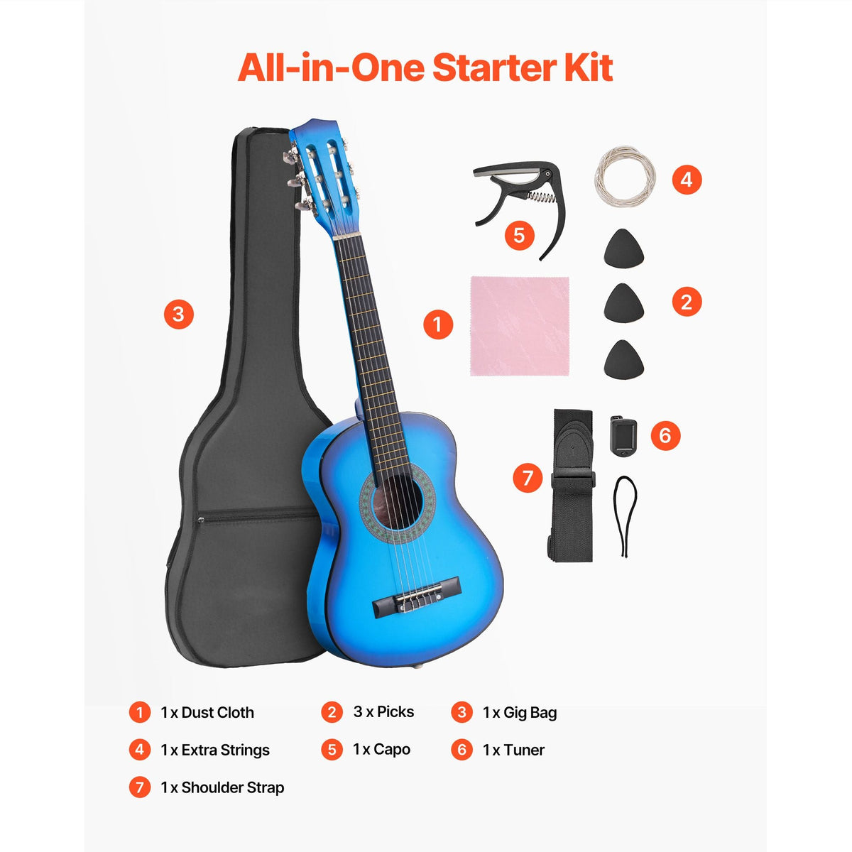 Classical Guitar, 30 Inch, Wood Classical Guitar Starter Kit for Beginners, with Nylon Strings, Gig Bag, Strap, Tuner, Extra Strings, Picks, Capo, Basswood, for Kids Girls Boys Students, Blue
