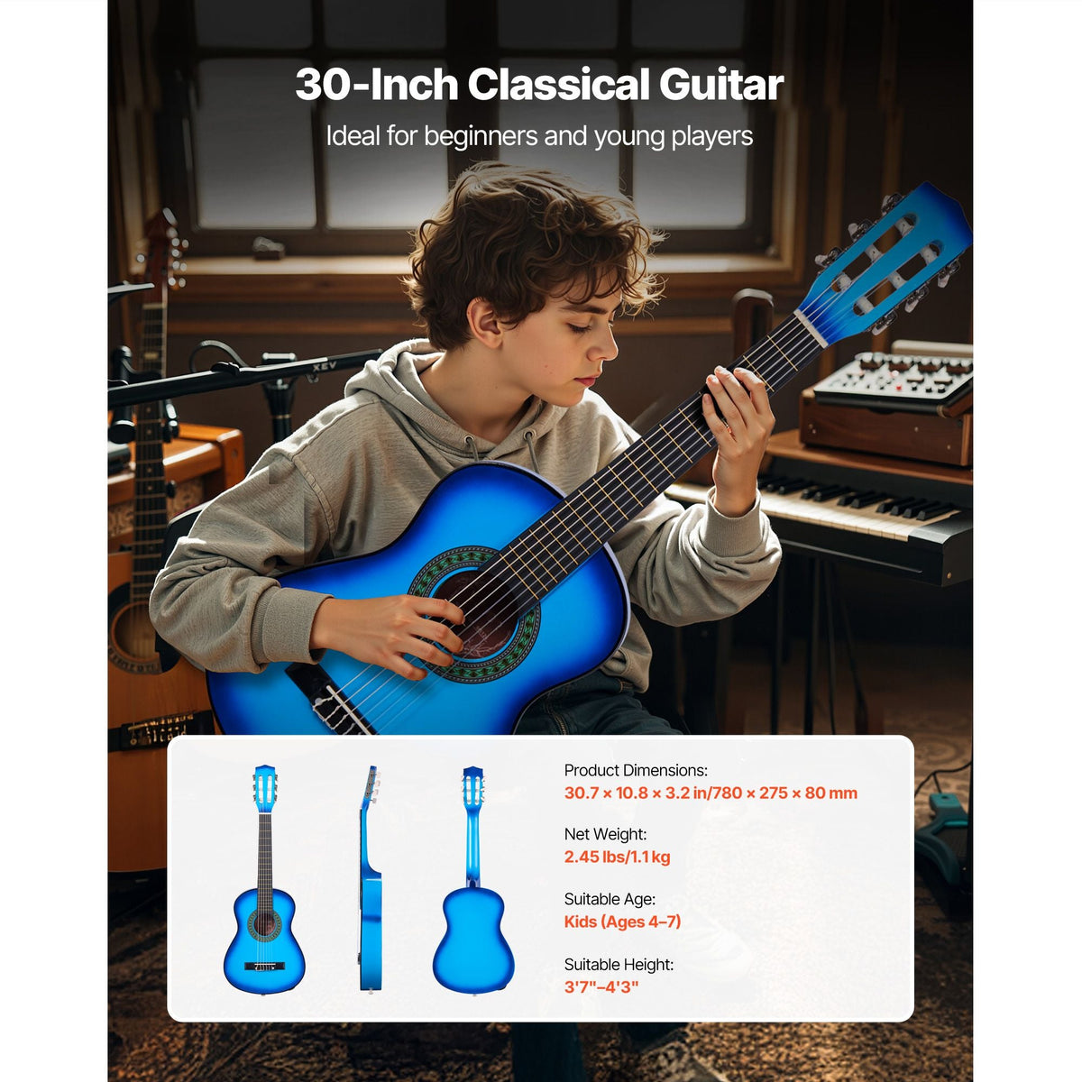 Classical Guitar, 30 Inch, Wood Classical Guitar Starter Kit for Beginners, with Nylon Strings, Gig Bag, Strap, Tuner, Extra Strings, Picks, Capo, Basswood, for Kids Girls Boys Students, Blue